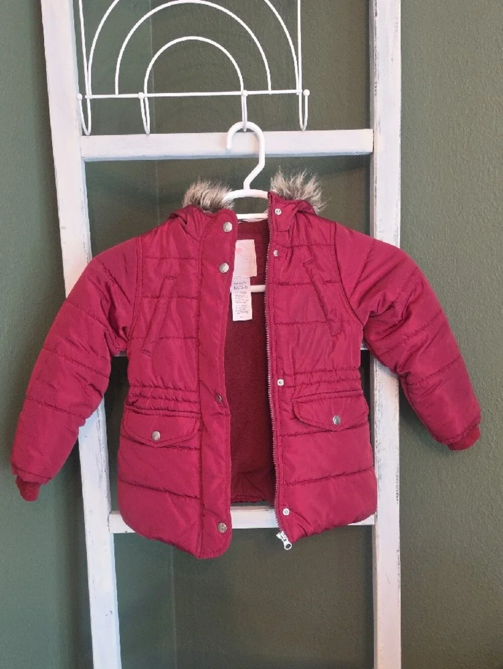 Carter's Hooded Puffer Jacket in Burgundy with Faux-Fur Trim